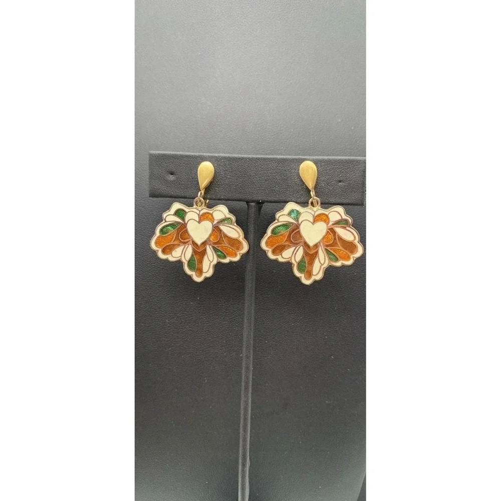 Vintage Avon Heart And Flower Dangle Cloisonné Clip‎ On Earrings